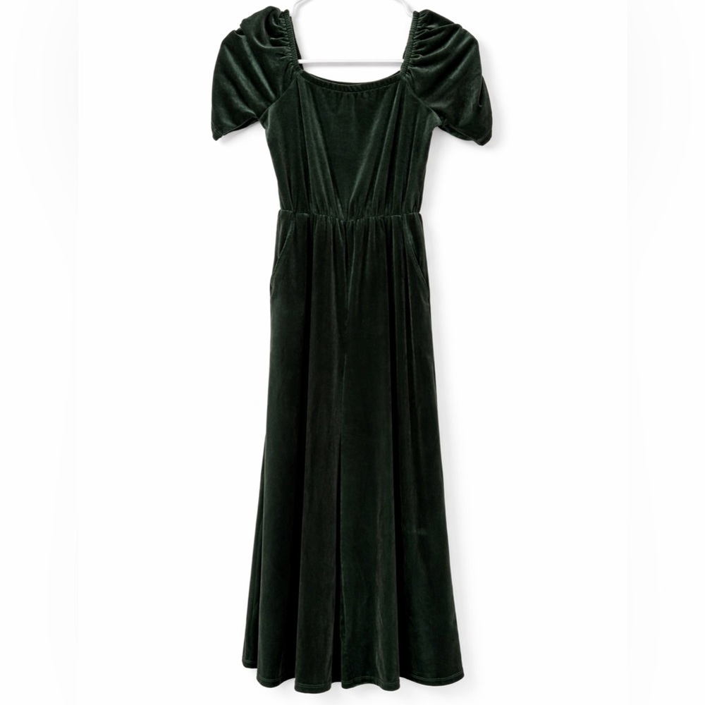 Nordstrom Dark Green Velvet Puff Sleeve  Jumpsuit